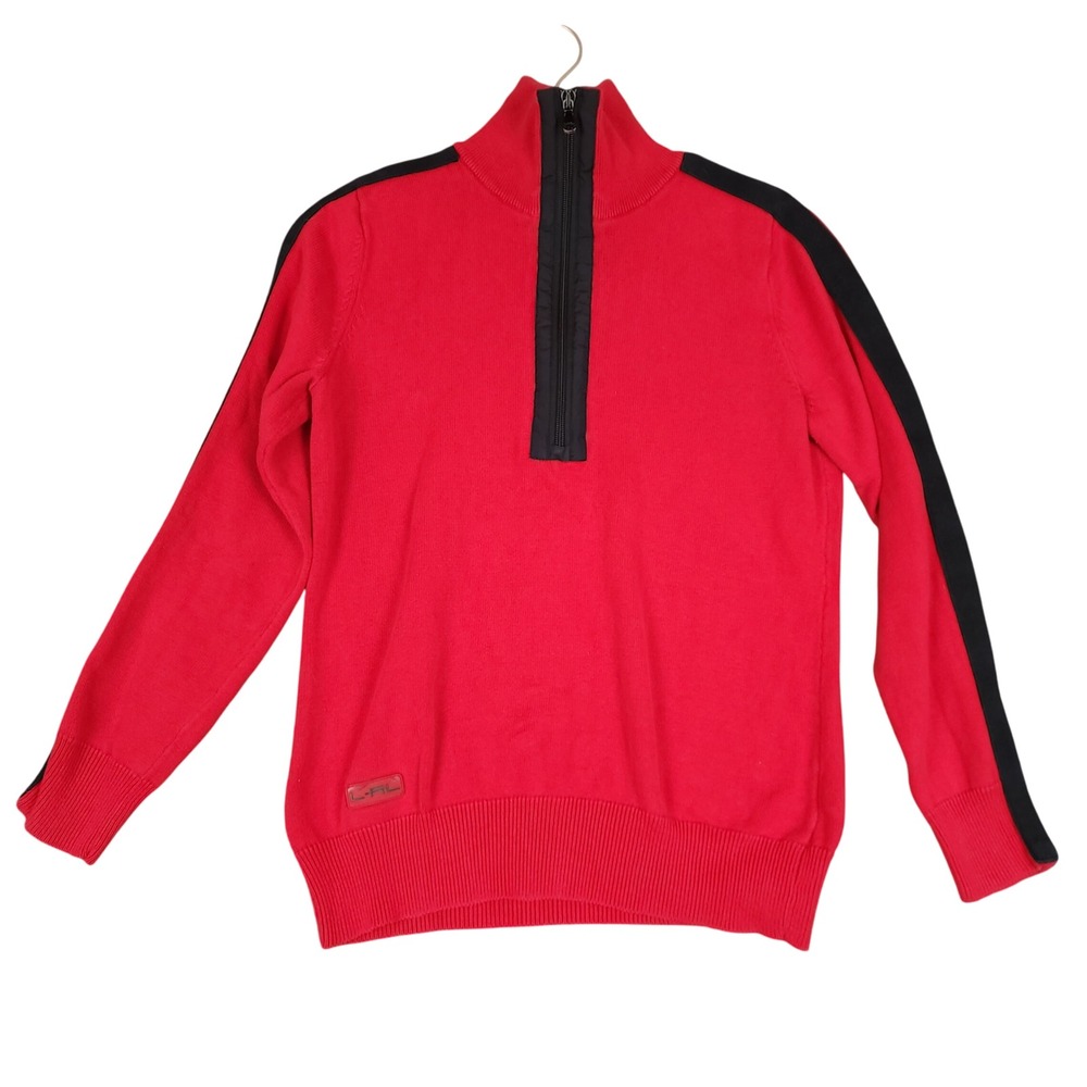 Ralph‎ Lauren L RL Red Black Quarter Zip Cotton Sweater Mens M